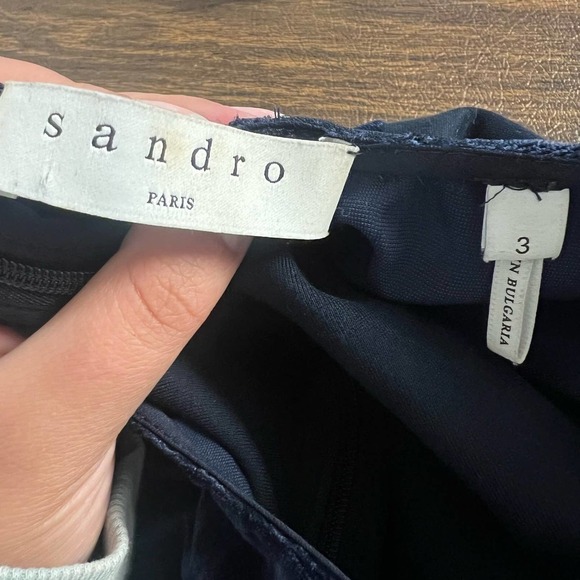 SANDRO $495 Edma Navy Velvet Cutout Trim Mini Long Sleeve Dress Size 3 Large - Picture 9 of 10